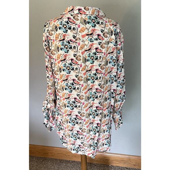 Talbots Blouse Sz 2X Bird Print Long Sleeves Roll Tab Teacher Art To Wear Casual - Picture 4 of 9